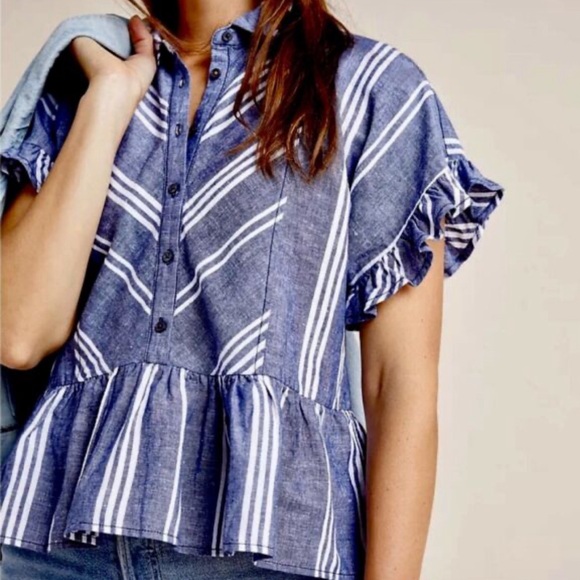 Maeve Tops - Maeve by Anthropologie Blue & White Blouse Shirt Size Medium Allison Flounced